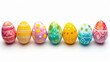 Row of colorful Easter eggs with ornaments on a white background