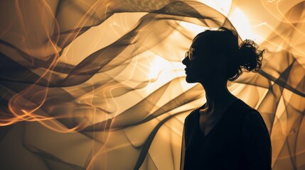 Aufkleber - A luminous shadow of a woman, her face hidden but her essence captured through the delicate folds of her clothing, evoking a sense of mystery and beauty in this artful portrayal