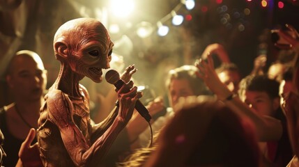 Poster - A passionate man stands on stage, his human face illuminated by the bright lights of the outdoor concert, his garment swaying with the rhythm of the music as he holds the microphone and captivates th