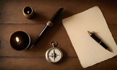 A still life composition featuring a wooden rectangle with old paper, feathers, a pen, and a compass. The art of calligraphy and drawing captured in a painting with metal and a fashion accessory