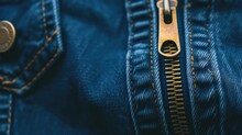 Close-up Of A Golden Zipper On Blue Denim Fabric