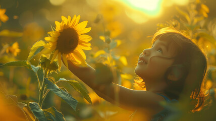 Sticker - A young girl playing in a sunflower field.