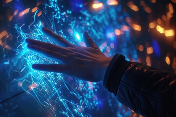 Poster - A person reaching out their hand to interact with a touch screen device, Human hand interacting with a holographic user interface, AI Generated