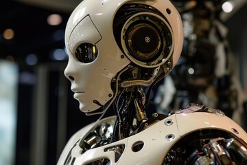 Poster - A robot stands in front of a tall building, showcasing the intersection of technology and architecture, Humanoid robot with organic, bioengineered parts, AI Generated