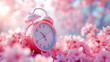 Pink retro alarm clock and pink sakura flowers against a blurred background, the awakening of spring concept