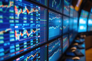 Poster - A wall filled with computer screens showcasing a variety of graphs and data visualizations, Images of stocks and shares displayed on multiple computer screens, AI Generated