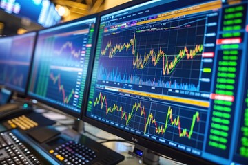 Poster - A computer screen displaying multiple screens, showcasing various applications and functions simultaneously, Images of stocks and shares displayed on multiple computer screens, AI Generated