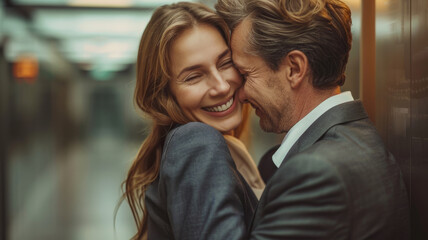 Wall Mural - A happy couple embracing at sunset.