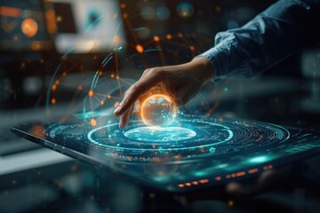 Poster - A person is seen touching a tablet displaying a futuristic design on the screen, Interactive imagery symbolizing digital marketing trends and future predictions, AI Generated