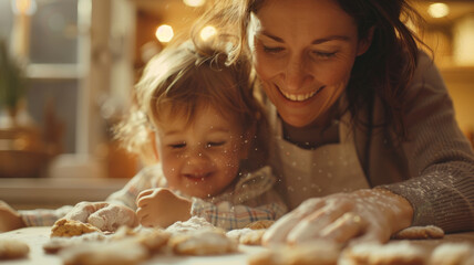 Wall Mural - A mother and daughter baking cookies together in the kitchen.