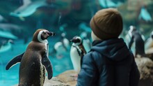 Child Watching Penguins At An Aquarium