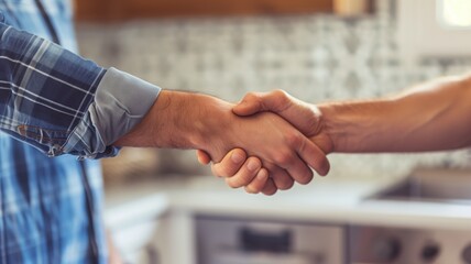 Wall Mural - Two people shaking hands in a kitchen