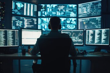 Poster - A man sits at a desk in a workplace environment, surrounded by multiple computer monitors as he works on tasks, IT support worker surrounded by multiple computer screens, AI Generated