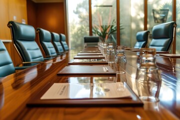 Poster - Conference Room With Wooden Table and Blue Chairs, Large conference table set for a board meeting in an office, AI Generated