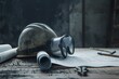 A lone helmet and goggles sit abandoned on a dusty table, their gas mask companion left behind as a symbol of forgotten protection