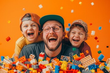 A joyous family portrait captures a father's beaming smile as he poses with his two children, their playful outfits and the colorful party supplies adding a festive touch against the backdrop of a co