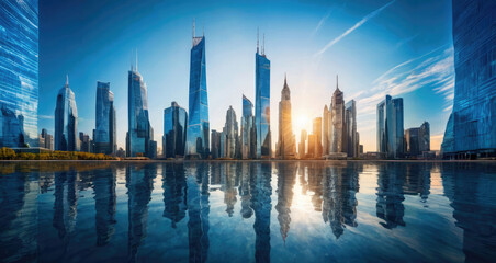 Image of modern smart city skyscrapers, futuristic financial district with buildings and reflections, blue color background for corporate and business template with warm sun rays of light.