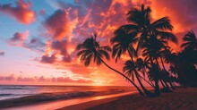 As The Sun Sets On The Horizon, The Palm Trees Sway In The Gentle Breeze, Casting Shadows On The Golden Sands Of The Caribbean Beach, While The Vibrant Afterglow Illuminates The Sky And Clouds Above