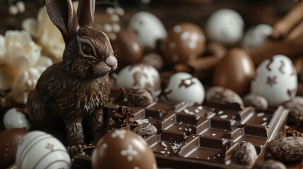 Wall Mural - Easter bunny made of chocolate in the middle of chocolate bars for Easter party concept.