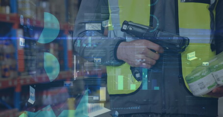Poster - Image of statistics and financial data processing over man working in warehouse