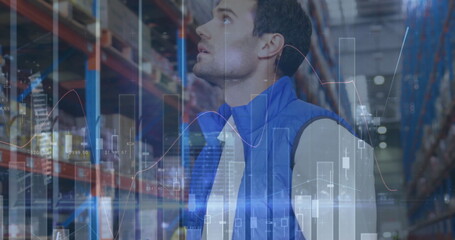 Poster - image of statistics financial data processing over man working in warehouse