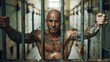 Portrait of a Tattooed Man Behind Bars. Generative ai