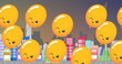 Image of yellow balloons with smile flying over cityscape