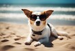 A cute dog with sunglasses on the sand beach on a sunny day enjoying vacation hot summer day and listening waves