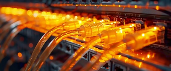 Poster - Glowing Fiber Optic Cables in Network Server. Generative ai
