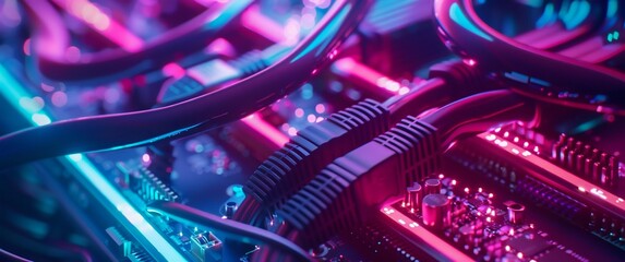 Poster - Glowing Fiber Optic Cables in Network Server. Generative ai