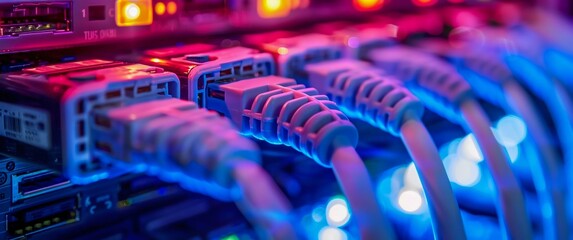 Poster - Glowing Fiber Optic Cables in Network Server. Generative ai