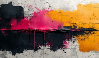 a textured black and white background with black and yellow paint strokes, in the style of bold outlines, flat colors, bold color usage, dark yellow and dark pink. Generative AI