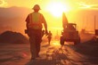 © CozyNessAI - Rear view of a construction worker in high-visibility vests watching over a building site during a warm sunset. Man on the job site.