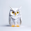Uhu Kauz Eule Vogel mit großen Augen in geometrischen Formen, wie 3D Papier in weiß wie Origami Falttechnik Vogel Symbol Wappentier Logo Vorlage wildlebende Tiere Greifvogel Jäger Nacht 