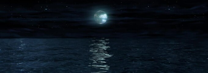 Sticker - Panoramic video of the sea with bright full moon and moving sky at night