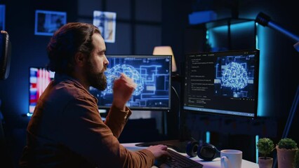 Poster - Computer scientist updating artificial intelligence neural networks, drinking coffee and writing code scripts in personal office. IT expert enjoying hot beverage while running AI simulations, camera B