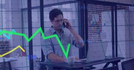 Poster - Animation of financial data processing over caucasian businessman using smartphone in office