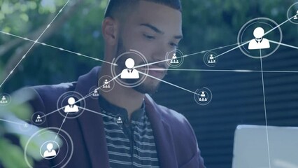 Poster - Animation of network of connections with people icons over biracial man with tablet