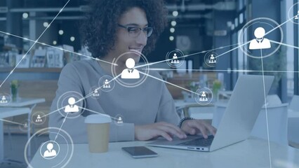 Poster - Animation of network of connections with people icons over biracial woman with tablet