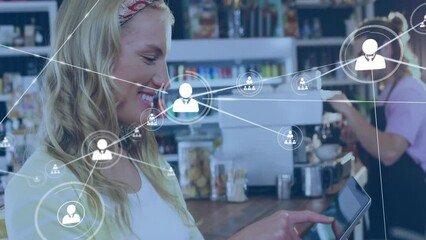 Poster - Animation of network of connections with people icons over caucasian woman with tablet