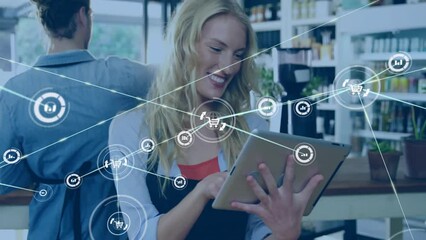 Poster - Animation of network of connections with shopping icons over caucasian woman with tablet