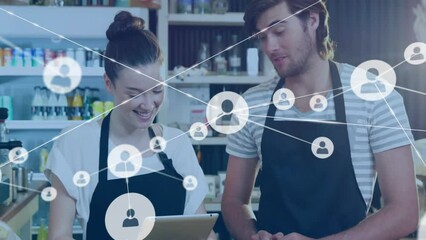 Poster - Animation of network of connections with people icons over diverse people using tablet in shop