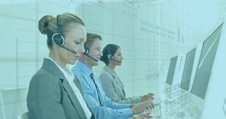 Poster - Animation of data processing over diverse male and female colleagues in headsets using computers