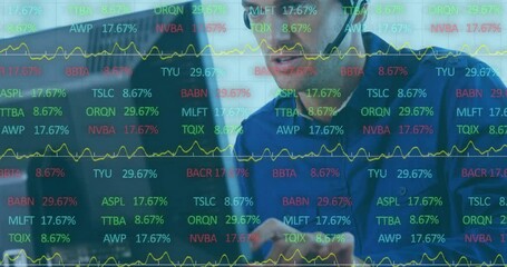 Canvas Print - Animation of financial data processing over caucasian businessman in headset using computer