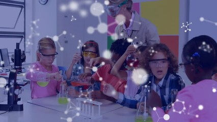 Sticker - Animation of element structures over diverse schoolchildren and female teacher in chemistry class