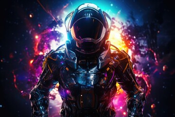 Futuristic armored space warrior stands amidst a swirling galaxy of stars, illustrating a sci-fi universe themed with vivid interstellar combat.