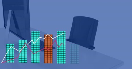 Poster - Animation of statistics and digital data processing over desk on blue background