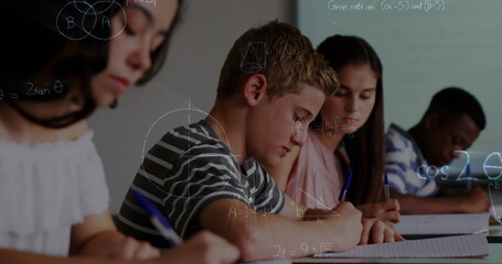 Poster - Image of mathematical equations over school children writing in classroom