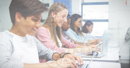 Sticker - Image of mathematical formulas over students using computers