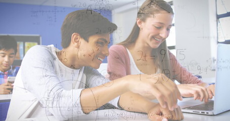 Poster - Image of mathematical equations over school children using laptop in classroom